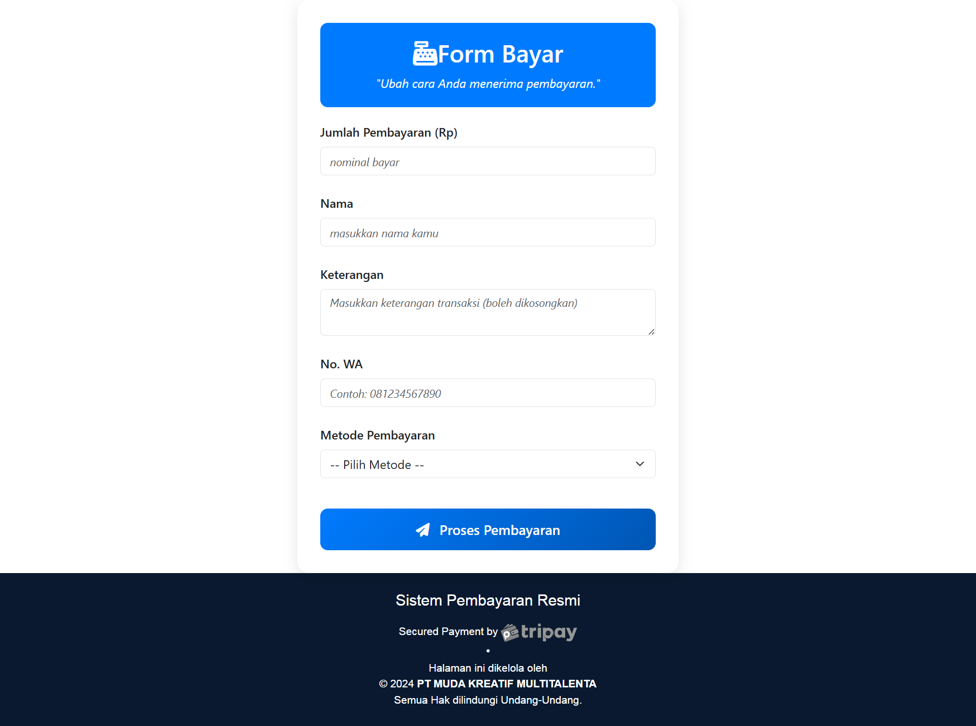 menampilkan halaman Form Bayar dari sistem pembayaran online yang dapat diintegrasikan dengan aplikasi dan usaha Anda untuk mempermudah pelanggan melakukan pembayaran secara online