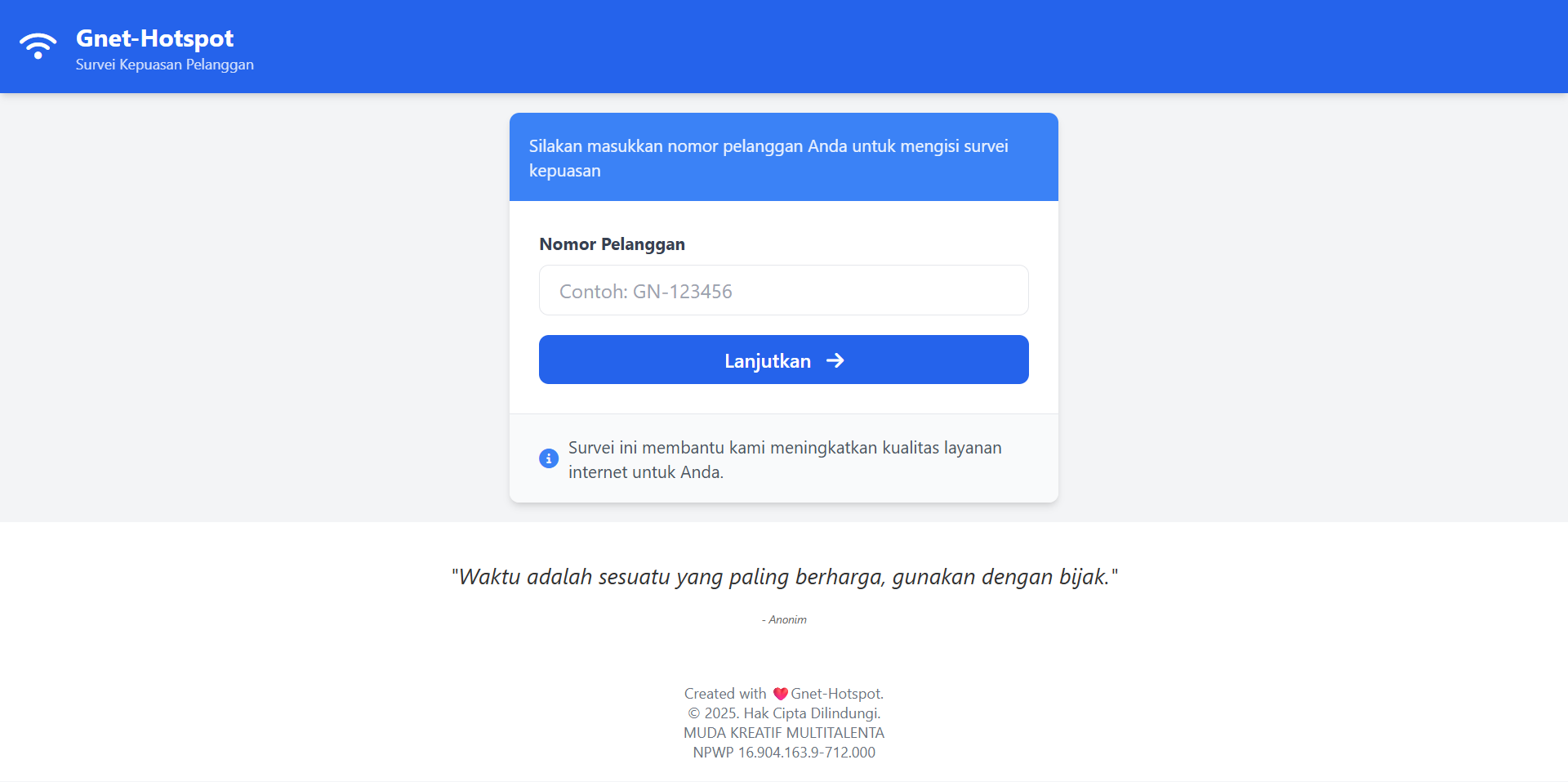 Survey Pelanggan menampilkan halaman Survei Kepuasan Pelanggan Gnet-Hotspot dengan desain minimalis, bersih, dan mobile-friendly.